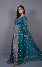 Embroidery Work Khadi Cotton SIlk Saree in Deep Rama Green , White and Multicolored