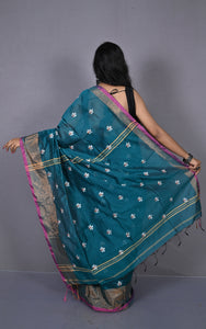 Embroidery Work Khadi Cotton SIlk Saree in Deep Rama Green , White and Multicolored