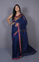 Khadi Cotton SIlk Saree in Midnight Blue. Magenta and Antique Golden