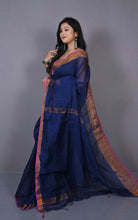 Khadi Cotton SIlk Saree in Midnight Blue. Magenta and Antique Golden