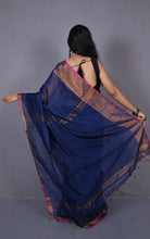 Khadi Cotton SIlk Saree in Midnight Blue. Magenta and Antique Golden