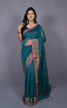 Khadi Cotton SIlk Saree in Deep Rama Green. Magenta and Antique Golden