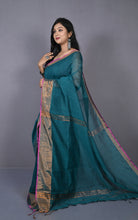 Khadi Cotton SIlk Saree in Deep Rama Green. Magenta and Antique Golden