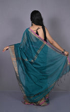 Khadi Cotton SIlk Saree in Deep Rama Green. Magenta and Antique Golden