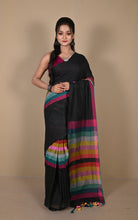 Soft Khadi Cotton Saree in Black and Multicolored