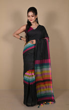 Soft Khadi Cotton Saree in Black and Multicolored