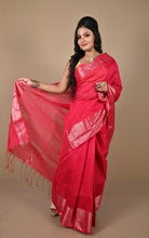 Khadi Cotton SIlk Saree with Paisley Woven Nakshi Border in Hot Pink and Antique Silver