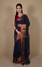Khadi Cotton SIlk Saree with Paisley Woven Nakshi Border in Midnight Blue, Hot Pink and Antique Golden