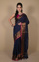 Khadi Cotton SIlk Saree with Paisley Woven Nakshi Border in Midnight Blue, Hot Pink and Antique Golden