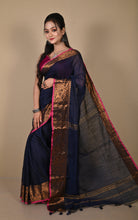Khadi Cotton SIlk Saree with Paisley Woven Nakshi Border in Midnight Blue, Hot Pink and Antique Golden