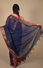 Khadi Cotton SIlk Saree with Paisley Woven Nakshi Border in Midnight Blue, Hot Pink and Antique Golden