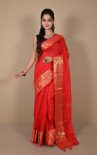 Khadi Cotton SIlk Saree with Paisley Woven Nakshi Border in Bright Red and Antique Golden