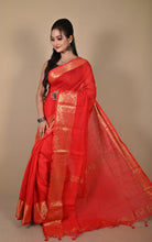 Khadi Cotton SIlk Saree with Paisley Woven Nakshi Border in Bright Red and Antique Golden