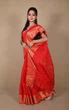Khadi Cotton SIlk Saree with Paisley Woven Nakshi Border in Bright Red and Antique Golden