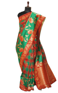 Blended Cotton Silk Checks Kanchipuram Saree in Green, Red and Orange