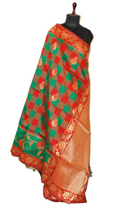 Blended Cotton Silk Checks Kanchipuram Saree in Green, Red and Orange