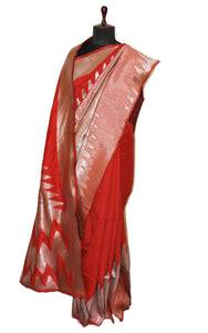 Blended Cotton Silk Kangivaram Saree in Red and Antique Gold