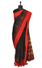Blended Cotton Silk Jamdani Saree in Black, Red, Green and Antique Gold