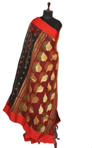 Blended Cotton Silk Jamdani Saree in Black, Red, Green and Antique Gold