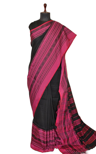 Mahapar Blended Cotton Silk Saree in Black and Thulian Pink