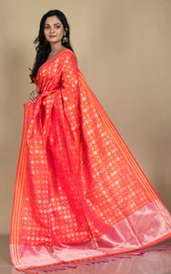 Designer Jute Cotton Katan Silk Saree in Portland Orange, Beige and Silver Zari Work