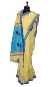 Blended Cotton Silk Jamdani Saree in Lemon Yellow, Blue and Mustard Brown