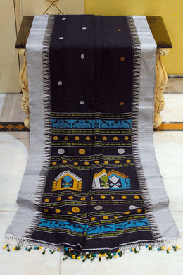 Handwoven Crowned Temple Border Khaddar Silk Saree with Traditional Dolabedi work Pallu in Black, Off White and Multicolored