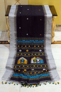 Handwoven Crowned Temple Border Khaddar Silk Saree with Traditional Dolabedi work Pallu in Black, Off White and Multicolored