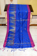Handwoven Crowned Temple Border Soft Cotton Kanjivaram Saree in Royal Blue and Warm Purple