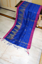Handwoven Crowned Temple Border Soft Cotton Kanjivaram Saree in Royal Blue and Warm Purple