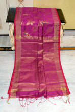 Handwoven  Soft Cotton Khadi Jamdani Saree in Royal Heath, Red and Antique Golden