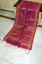 Handwoven  Soft Cotton Khadi Jamdani Saree in Royal Heath, Red and Antique Golden