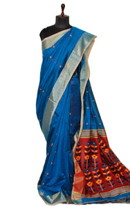 Blended Cotton Silk Jamdani Saree in Sapphire Blue, Golden Yellow, Black and Venetian Red