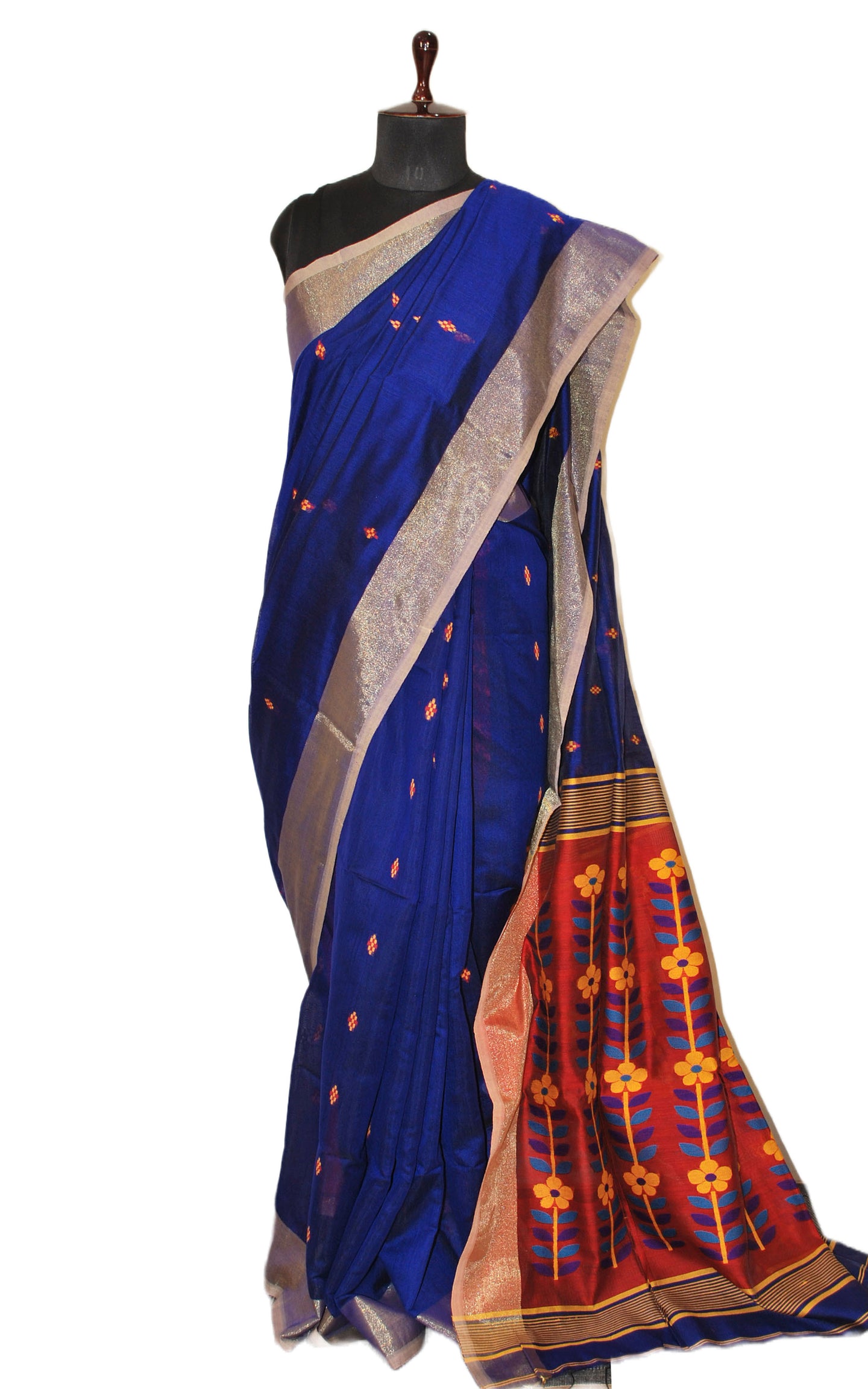 Blended Cotton Silk Jamdani Saree in Navy Blue, Golden Yellow, Black and Venetian Red