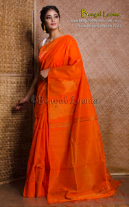 Handwoven Crowned Temple Border Soft Cotton Kanjivaram Saree in Orange