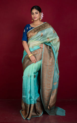 Handwoven Shaded Kora Silk Banarasi Saree in Dual Tone Sea Green and Antique Zari Nakshi Work