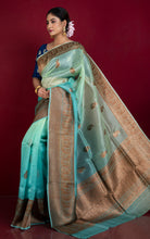 Handwoven Shaded Kora Silk Banarasi Saree in Dual Tone Sea Green and Antique Zari Nakshi Work