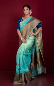 Handwoven Shaded Kora Silk Banarasi Saree in Dual Tone Sea Green and Antique Zari Nakshi Work