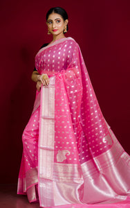 Designer Handloom Kora Silk Banarasi Saree in Bright Flamingo Pink and Muted Silver