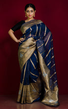 Organza Silk Banarasi Saree in Midnight Blue, Silver and Muted Gold
