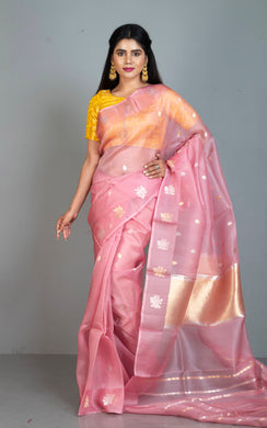 Designer Handloom Kora Silk Banarasi Saree in Pastel Pink with Silver and Gold Zari Nakshi Work