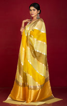 Designer Poth Border Handloom Kora Silk Banarasi Saree in Tuscan Sun Yellow, Lemon Yellow and Snuff Brown with Silver and Matt Gold Aara Zari Nakshi Work