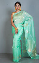 Designer Handloom Kora Silk Banarasi Saree in Bright Mint Green with Water Gold and Silver Zari Nakshi Work