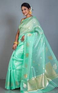 Designer Handloom Kora Silk Banarasi Saree in Bright Mint Green with Water Gold and Silver Zari Nakshi Work