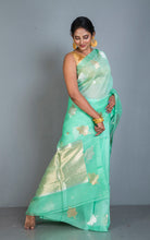 Designer Handloom Kora Silk Banarasi Saree in Bright Mint Green with Water Gold and Silver Zari Nakshi Work