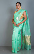 Designer Handloom Kora Silk Banarasi Saree in Bright Mint Green with Water Gold and Silver Zari Nakshi Work