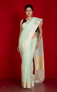 Designer Dewdrop Butta Kora Organza Silk Banarasi Saree in Off White with Fountain Blue, Beryl Green and Silver