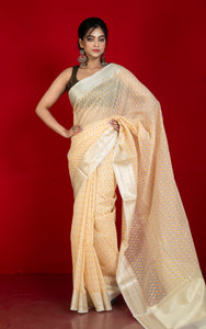 Designer Dewdrop Butta Kora Organza Silk Banarasi Saree in Off White with Pastel Yellow, Brown and Silver