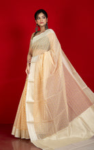 Designer Dewdrop Butta Kora Organza Silk Banarasi Saree in Off White with Pastel Yellow, Brown and Silver