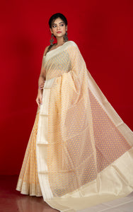 Designer Dewdrop Butta Kora Organza Silk Banarasi Saree in Off White with Pastel Yellow, Brown and Silver